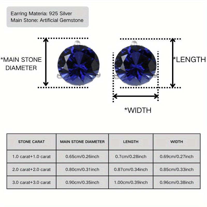 1 Pair Classic Round Synthetic Sapphire Stud Earrings, S925 Silver